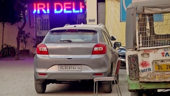 A car is seen at the police station in the Sultanpuri area through which a girl was allegedly killed after her body got hit by it and got dragged for a few kilometres on the road while being entangled in the wheels, in New Delhi on Sunday. (ANI)