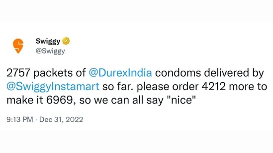 Swiggy shared this tweet on New Year's Eve and it has received witty response from Durex India.(Twitter/@Swiggy)