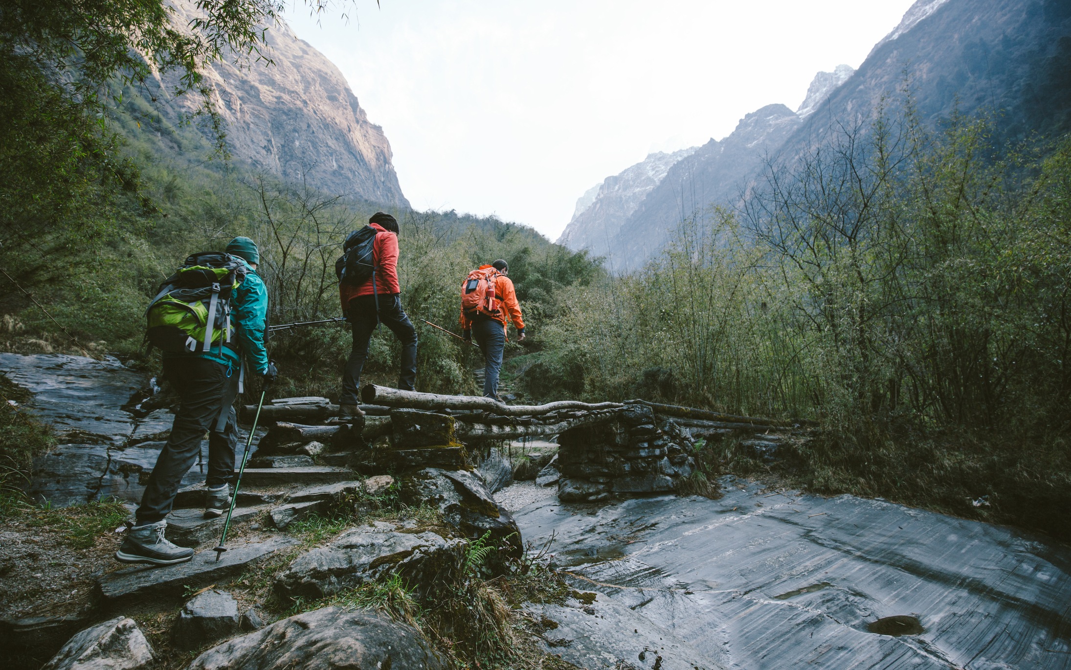 Group of trekkers cross the bridge at Annapurna region on Himalayas. (Getty Images/iStockphoto) Group of trekkers cross the bridge at Annapurna region on Himalayas. (Getty Images/iStockphoto)