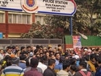 People gathered outside the Sultanpuri police station demanding strict punishment for accused in Sultanpuri accident case. (PTI)