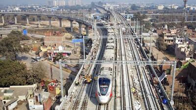 A Delhi-Meerut Regional Rapid Transit System train during its trial run in Ghaziabad on Tuesday. (PTI) A Delhi-Meerut Regional Rapid Transit System train during its trial run in Ghaziabad on Tuesday. (PTI)