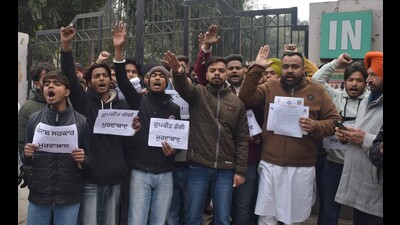 DC office employees Union strike continued for the second consecutive day till 12 pm on Wednesday. The employees protest the arrest of three contract employees. in Ludhiana on Wednesday. (Gurpreet Singh/ HT)