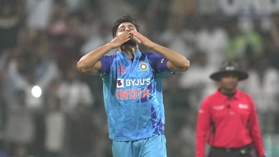 Umran Malik celebrates the wicket of Sri Lankan captain Dasun Shanaka (PTI) Umran Malik celebrates the wicket of Sri Lankan captain Dasun Shanaka (PTI)