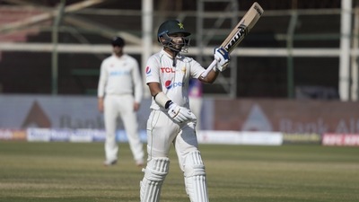 Pakistan's Saud Shakeel celebrates after scoring 100 runs (AP) Pakistan's Saud Shakeel celebrates after scoring 100 runs (AP)