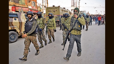 Security personnel patrol Lal Chowk in Srinagar amid tight security in the region after civilian killings in Rajouri. (Imran Nissar) Security personnel patrol Lal Chowk in Srinagar amid tight security in the region after civilian killings in Rajouri. (Imran Nissar)