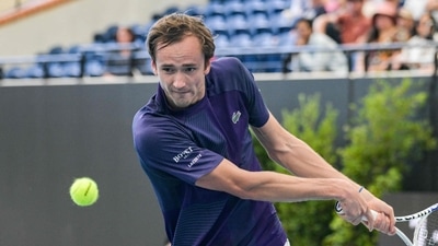 Russia's Daniil Medvedev hits a shot against Serbia's Miomir Kecmanovic in their men's singles match the ATP Adelaide International tennis tournament in Adelaide on January 4, 2023. (Photo by Brenton EDWARDS / AFP) / -- IMAGE RESTRICTED TO EDITORIAL USE - STRICTLY NO COMMERCIAL USE -- (AFP)