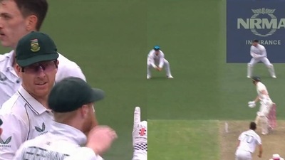 Screengrab of the moment when Labuschagne was seemingly caught in the slip, just inches from the ground. (Twitter) Screengrab of the moment when Labuschagne was seemingly caught in the slip, just inches from the ground. (Twitter)