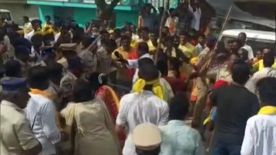 Police use lathicharge to disperse TDP workers gathered to welcome party president Chandrababu Naidu in Chittoor district of Andhra Pradesh. (ANI) Police use lathicharge to disperse TDP workers gathered to welcome party president Chandrababu Naidu in Chittoor district of Andhra Pradesh. (ANI)