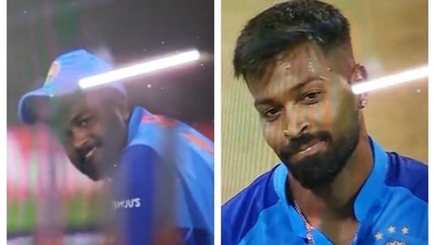 Hardik Pandya reacts after Sanju Samson drops a catch in his first over Hardik Pandya reacts after Sanju Samson drops a catch in his first over