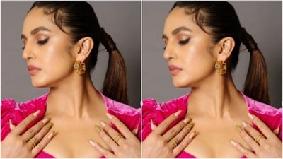 Huma decked up in a velvet pink cropped top featuring a sweetheart neckline, full sleeves and dramatic shoulders. She further teamed her cropped top with a black pencil skirt. (Instagram/@iamhumaq) Huma decked up in a velvet pink cropped top featuring a sweetheart neckline, full sleeves and dramatic shoulders. She further teamed her cropped top with a black pencil skirt. (Instagram/@iamhumaq)