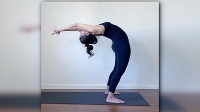 7. Hasta Uttanasana (Raised-arms Pose) - Lift your arms above your head while standing to stretch. Take a breath in and gently arc your head, neck, and upper back back. Leaning back with your upper body, keep your arms close to your ears. (Instagram/@nikkiwellsyoga) 7. Hasta Uttanasana (Raised-arms Pose) - Lift your arms above your head while standing to stretch. Take a breath in and gently arc your head, neck, and upper back back. Leaning back with your upper body, keep your arms close to your ears. (Instagram/@nikkiwellsyoga)