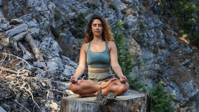 1. Sukhasana (Happy Pose) - Place your palms on the knees while sitting up straight with both legs extended. Fold the left leg and tuck it inside the right thigh. Then, fold the right leg and tuck it inside the left thigh. (Photo by Mor Shani on Unsplash) 1. Sukhasana (Happy Pose) - Place your palms on the knees while sitting up straight with both legs extended. Fold the left leg and tuck it inside the right thigh. Then, fold the right leg and tuck it inside the left thigh. (Photo by Mor Shani on Unsplash)
