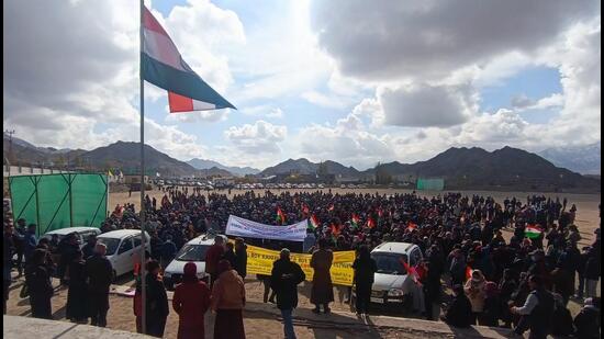 Kargil Democratic Alliance -- an amalgam of various political and religious parties of Kargil -- and Leh Apex Body, which comprises Leh’s socioreligious and political parties, had on November 2 come together to hold a mega protest in the two towns of Ladakh to demand statehood for the union territory. (File Photo/Twitter)