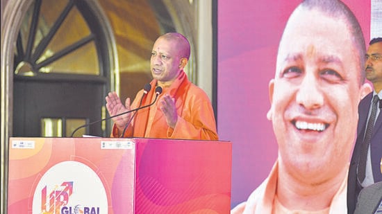 Mumbai, India - January 04, 2023: Uttar Pradesh chief minister Yogi Adityanath addresses the gathering during the UP Global Investors Summit, in Mumbai, India, on Wednesday, January 04, 2023. (Photo by Bhushan Koyande/HT Photo) (HT PHOTO)