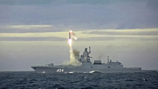 Putin said the ship was armed with Zircon (Tsirkon) hypersonic weapons.(AP) Putin said the ship was armed with Zircon (Tsirkon) hypersonic weapons.(AP)