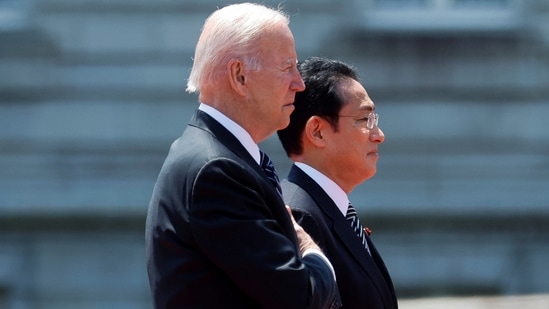 Japan's Prime Minister Fumio Kishida with US President Joe Biden at Akasaka Palace in Tokyo, on May 23, 2022.(REUTERS)