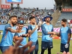 Rahul Tripathi received his debut cap from batting coach Vikram Rathour Rahul Tripathi received his debut cap from batting coach Vikram Rathour
