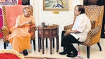 Mumbai, Jan 05 (ANI): Uttar Pradesh Chief Minister Yogi Adityanath meets with Reliance Industries Chairman and Managing Director Mukesh Ambani, at Taj Mahal Palace Hotel, in Mumbai on Thursday. (ANI Photo) (ANI Picture Service) Mumbai, Jan 05 (ANI): Uttar Pradesh Chief Minister Yogi Adityanath meets with Reliance Industries Chairman and Managing Director Mukesh Ambani, at Taj Mahal Palace Hotel, in Mumbai on Thursday. (ANI Photo) (ANI Picture Service)