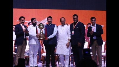 (From left to right) State sports minister Girish Mahajan, CM Eknath Shinde, Dy CM Devendra Fadnavis, Maharashtra Olympic Association President Ajit Pawar, Maha Olympic Association Secretary Namdev Shirgaonkar and State Sports Commissioner Suhas Divse at the opening of Maharashtra State Olympic Games at Shiv Chhatrapati Sports Complex on Thursday. (HT PHOTO) (From left to right) State sports minister Girish Mahajan, CM Eknath Shinde, Dy CM Devendra Fadnavis, Maharashtra Olympic Association President Ajit Pawar, Maha Olympic Association Secretary Namdev Shirgaonkar and State Sports Commissioner Suhas Divse at the opening of Maharashtra State Olympic Games at Shiv Chhatrapati Sports Complex on Thursday. (HT PHOTO)