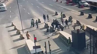 A video grab from CCTV footage shows staff members of the Gurugram-Faridabad toll plaza being assaulted on December 31. A video grab from CCTV footage shows staff members of the Gurugram-Faridabad toll plaza being assaulted on December 31.