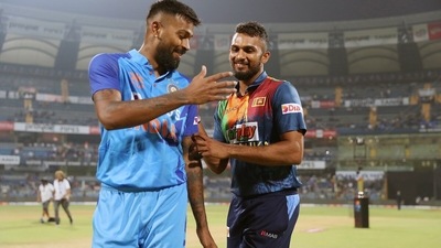 Hardik Pandya and Dasun Shanaka at the toss during the 2nd T20I between India and Sri Lanka at Maharashtra Cricket Association Stadium, in Pune (ICC Twitter) Hardik Pandya and Dasun Shanaka at the toss during the 2nd T20I between India and Sri Lanka at Maharashtra Cricket Association Stadium, in Pune (ICC Twitter)