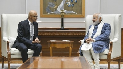 Satya Nadella, chairman and chief executive officer of Microsoft Corp, with prime minister Narendra Modi. (Satya Nadella/Twitter) Satya Nadella, chairman and chief executive officer of Microsoft Corp, with prime minister Narendra Modi. (Satya Nadella/Twitter)