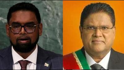 Guyana President Irfaan Ali and Surinam President Chandrikapersad Santokhi. (File Photos) Guyana President Irfaan Ali and Surinam President Chandrikapersad Santokhi. (File Photos)