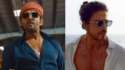 Actor Kartik Aaryan in Shehzada and actor Shah Rukh Khan in Pathaan. Actor Kartik Aaryan in Shehzada and actor Shah Rukh Khan in Pathaan.