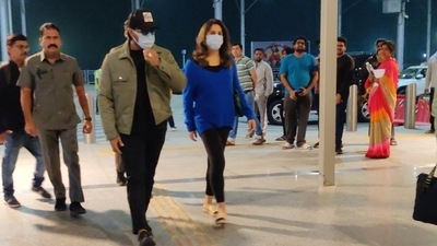 Ram Charan and Upasana Konidela at an airport as they jet off to attend the 80th Golden Globes Awards. Ram Charan and Upasana Konidela at an airport as they jet off to attend the 80th Golden Globes Awards.