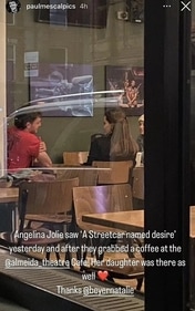 A fan account on Instagram shared a photograph of Angelina and Paul having coffee together. A fan account on Instagram shared a photograph of Angelina and Paul having coffee together.