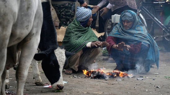 People warm themselves near a bonfire on a cold winter morning, in New Delhi, on January 4. Cold northwesterly winds on the day sent Delhi’s minimum temperature to a season-low of 4.4 degrees Celsius.(Shahbaz Khan / PTI)