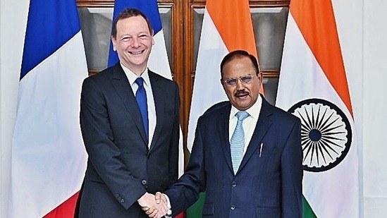 NSA Ajit Doval and Emmanuel Bonne, Diplomatic Adviser to the President of France co-chaired the annual India-France Strategic Dialogue, in New Delhi.(ANI) NSA Ajit Doval and Emmanuel Bonne, Diplomatic Adviser to the President of France co-chaired the annual India-France Strategic Dialogue, in New Delhi.(ANI)