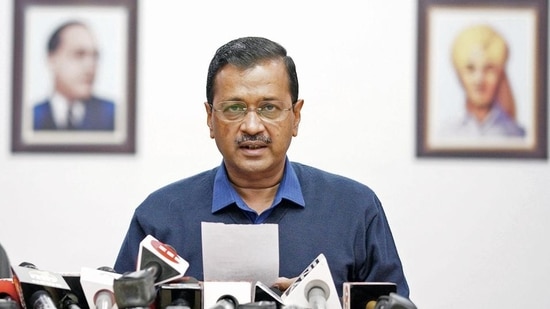 Delhi chief minister Arvind Kejriwal addresses the press.