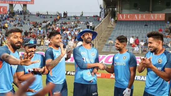 Rahul Tripathi received his debut cap from batting coach Vikram Rathour(BCCI)