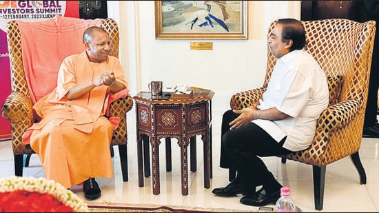 Mumbai, Jan 05 (ANI): Uttar Pradesh Chief Minister Yogi Adityanath meets with Reliance Industries Chairman and Managing Director Mukesh Ambani, at Taj Mahal Palace Hotel, in Mumbai on Thursday. (ANI Photo) (ANI Picture Service)