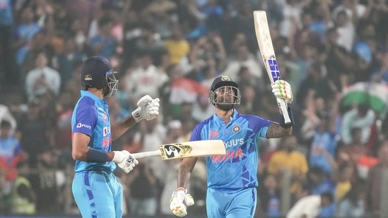 Indian batter Suryakumar Yadav celebrates after scoring a half century during the T20 cricket match between India and Sri Lanka(PTI)
