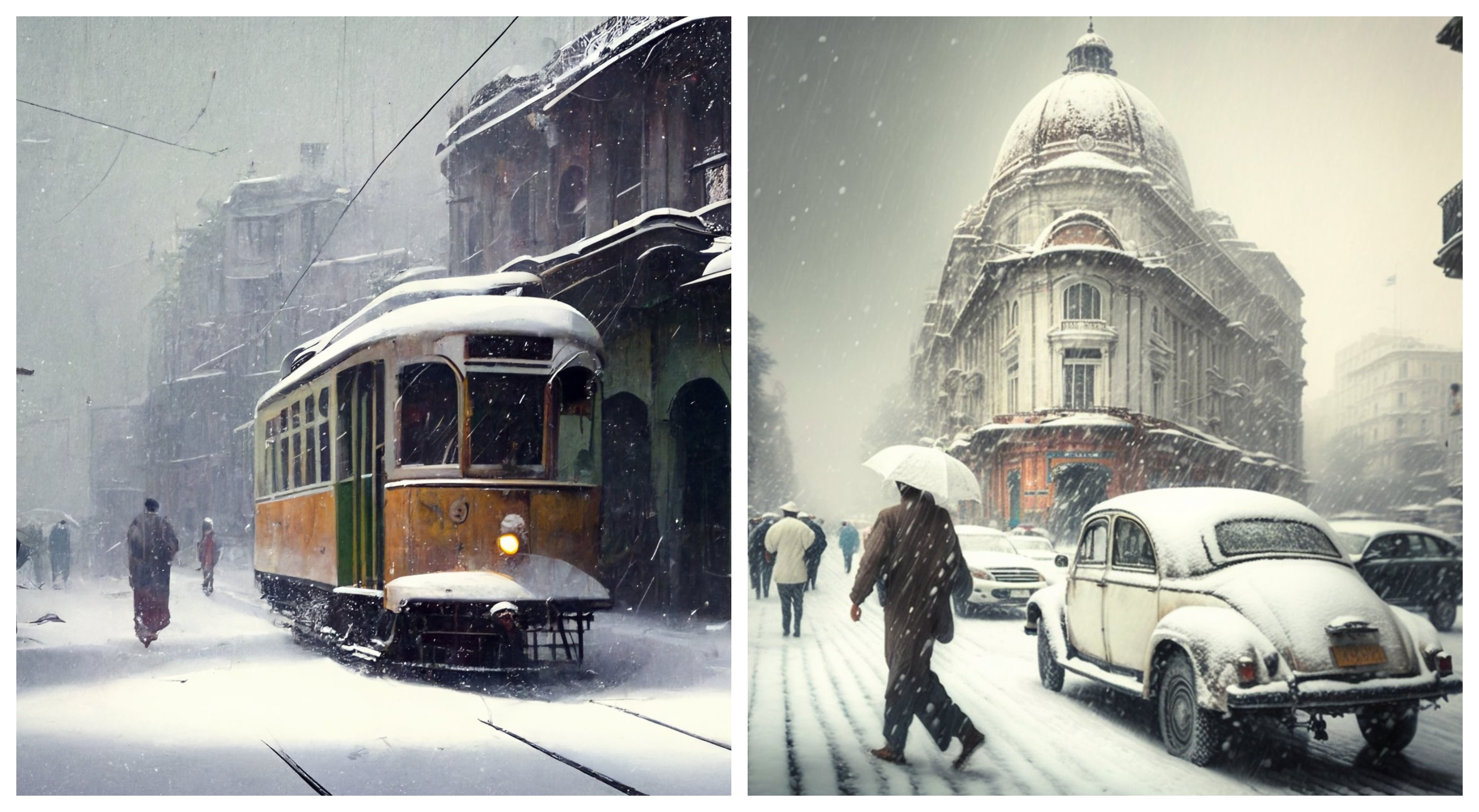 The city of Kolkata moves on unimpeded in a snow storm, as depicted by Choudhury. The city of Kolkata moves on unimpeded in a snow storm, as depicted by Choudhury.
