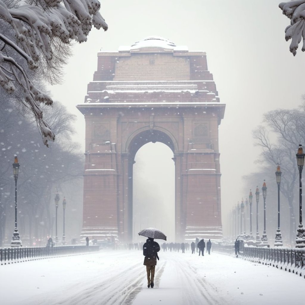 The iconic landmark of India Gate stands tall on a snowy day, as imagined by Choudhury. The iconic landmark of India Gate stands tall on a snowy day, as imagined by Choudhury.