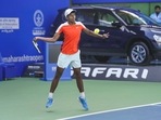 India's Manas Dhamne in action during a singles opening round match against Michael Mmoh at the 5th Tata Open Maharashtra, in Pune. India's Manas Dhamne in action during a singles opening round match against Michael Mmoh at the 5th Tata Open Maharashtra, in Pune.