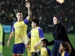 New Al Nassr signing Cristiano Ronaldo with his partner Georgina Rodriguez and kids during his presentation.