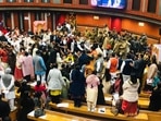 MCD mayor election live updates: The tussle started after presiding office invited an alderman to take oath first.(HT Photo) MCD mayor election live updates: The tussle started after presiding office invited an alderman to take oath first.(HT Photo)