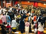 AAP and BJP councillors resort to sloganeering at MCD Sadan in New Delhi.