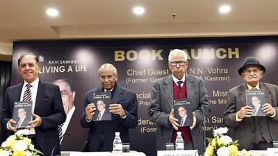 (From left) Author and former IAS officer Ravi Sawhney, former foreign secretary Shyam Saran, former J&K governor NN Vohra, and former principal secretary to prime minister, SK Misra, during the book launch in New Delhi on Thursday. (Sanjeev Verma. HT photo) (From left) Author and former IAS officer Ravi Sawhney, former foreign secretary Shyam Saran, former J&K governor NN Vohra, and former principal secretary to prime minister, SK Misra, during the book launch in New Delhi on Thursday. (Sanjeev Verma. HT photo)