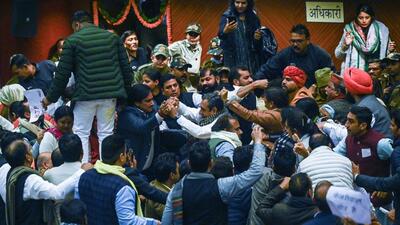 AAP and BJP councillors clash during the oath-taking ceremony and election of mayor and deputy mayor at the MCD civic centre in New Delhi. AAP and BJP councillors clash during the oath-taking ceremony and election of mayor and deputy mayor at the MCD civic centre in New Delhi.