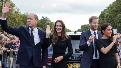 Meghan Markle, Prince Harry joined Prince William, Kate Middleton in surprise appearance to see tributes for the late Queen Elizabeth last year. (File Photo/ AFP) Meghan Markle, Prince Harry joined Prince William, Kate Middleton in surprise appearance to see tributes for the late Queen Elizabeth last year. (File Photo/ AFP)