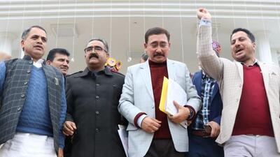 Bharatiya Janata Party  legislators staging a walkout on the final day of the Himachal assembly’s winter session in Dharamshala. (HT Photo)