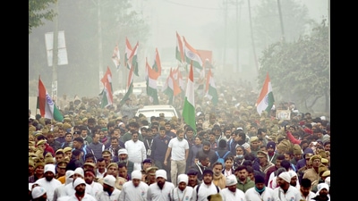 Congress leader Rahul Gandhi with Uttar Pradesh party chief Brijlal Khabri leads party's Bharat Jodo Yatra, at Ailum Village on Thursday. (SOURCED) Congress leader Rahul Gandhi with Uttar Pradesh party chief Brijlal Khabri leads party's Bharat Jodo Yatra, at Ailum Village on Thursday. (SOURCED)
