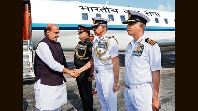 Defence Minister Rajnath Singh being welcomed on his arrival, in Port Blair on Thursday. (RMO India Twitter) Defence Minister Rajnath Singh being welcomed on his arrival, in Port Blair on Thursday. (RMO India Twitter)
