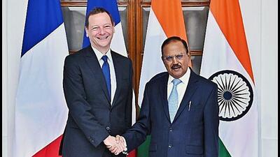 NSA Ajit Doval and Emmanuel Bonne, in New Delhi on Thursday. (ANI) NSA Ajit Doval and Emmanuel Bonne, in New Delhi on Thursday. (ANI)