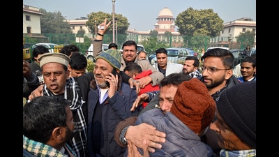 People from Haldwani get emotional after the Supreme Court stayed an Uttarakhand High Court order to remove encroachments from 29 acres of Railways' land, in New Delhi on Thursday. (Sanjay Sharma) People from Haldwani get emotional after the Supreme Court stayed an Uttarakhand High Court order to remove encroachments from 29 acres of Railways' land, in New Delhi on Thursday. (Sanjay Sharma)